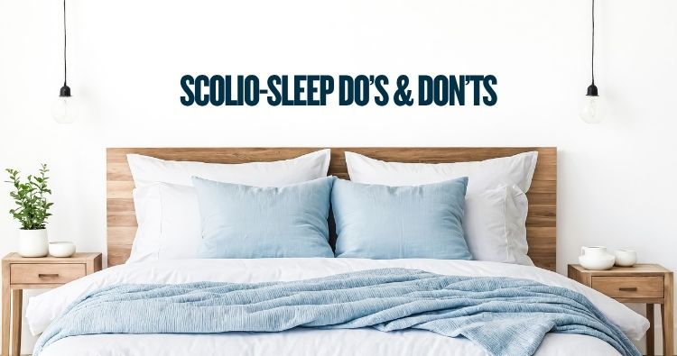 Neatly made bed with a wooden headboard, white and light blue pillows, and a blue blanket, with "Scolio-Sleep Do's & Don'ts" text overlaid above it.