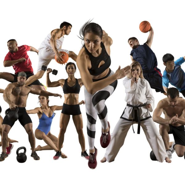 Cropped collage of athletes from various sports mid-action, including martial arts, basketball, and weightlifting.