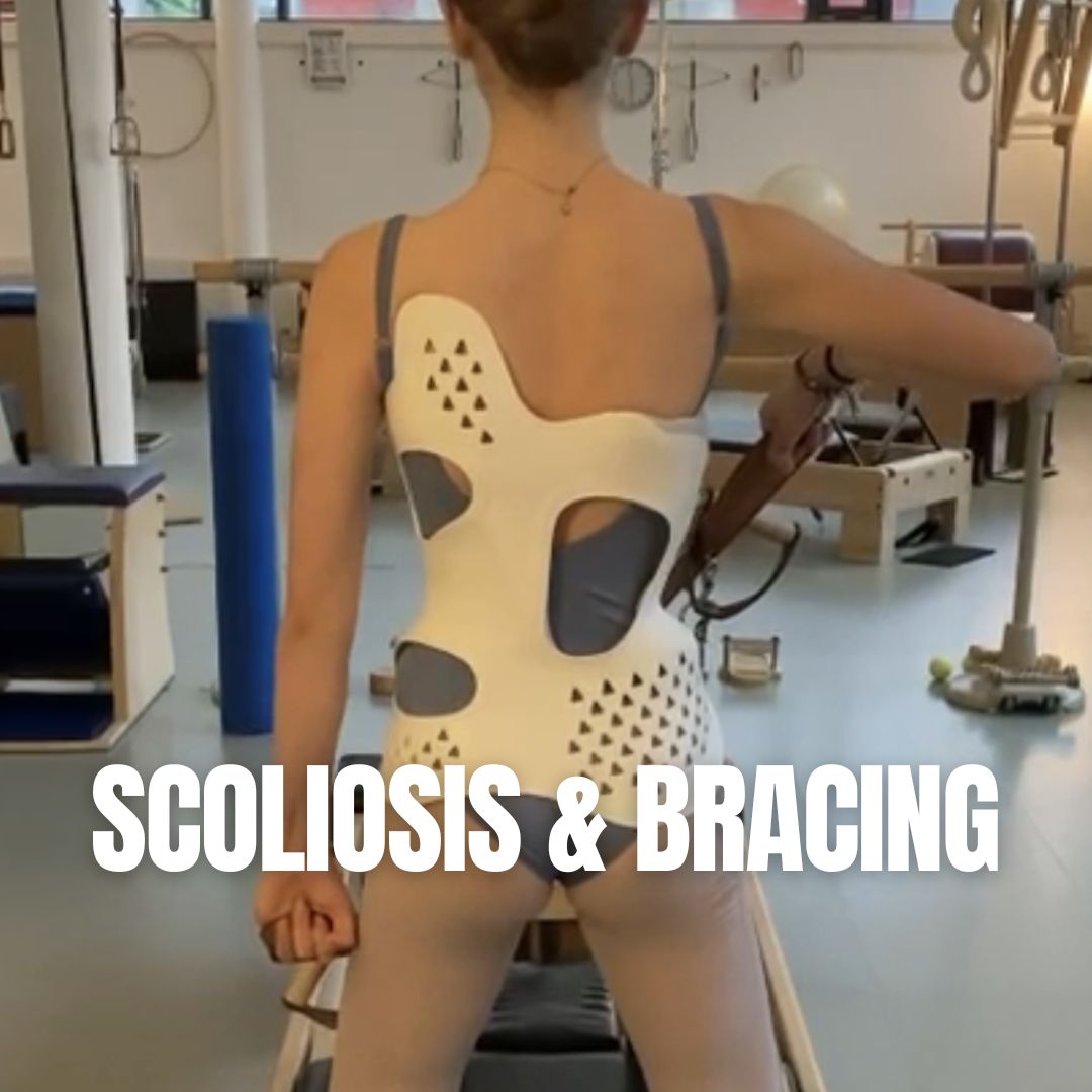 Woman wearing a rigid scoliosis brace, back to camera, in a Pilates studio using reformer equipment, "Scoliosis & Bracing" text overlaid.