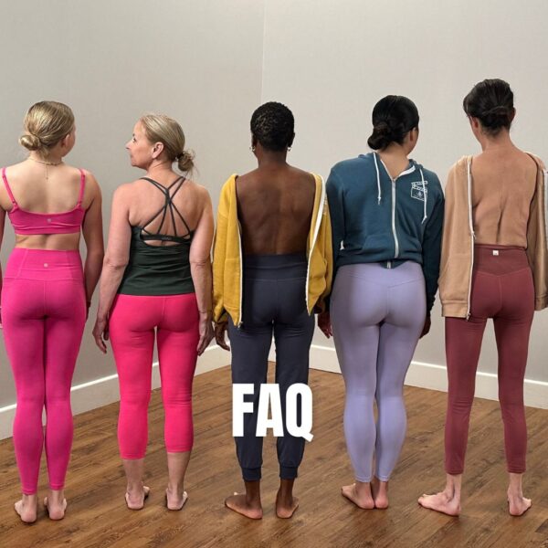 Five people of different ages and body types standing with their backs to the camera, showing a range of spine shapes, with "FAQ" text overlaid.