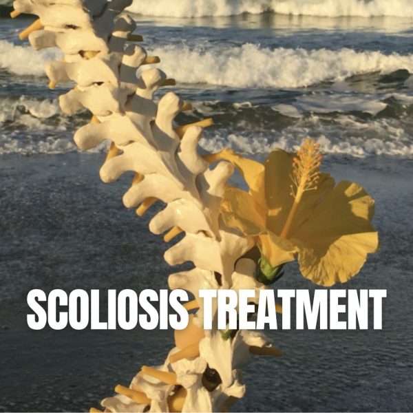 Close-up of a model spine with a yellow hibiscus flower against ocean waves, "Scoliosis Treatment" text overlaid.