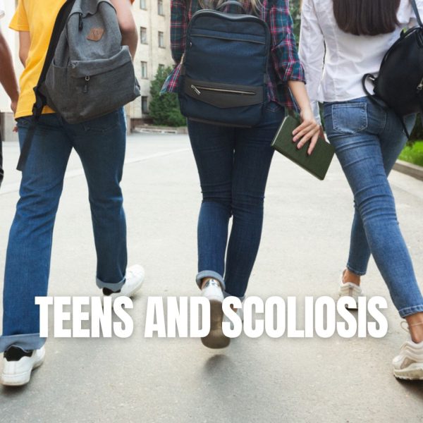 Three teens walking away from the camera with backpacks, "Teens and Scoliosis" text overlaid on a sidewalk background.