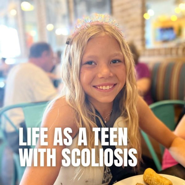 Smiling teenage girl wearing a sparkly headband at a restaurant, cover image for a blog post titled "Life as a Teen with Scoliosis"