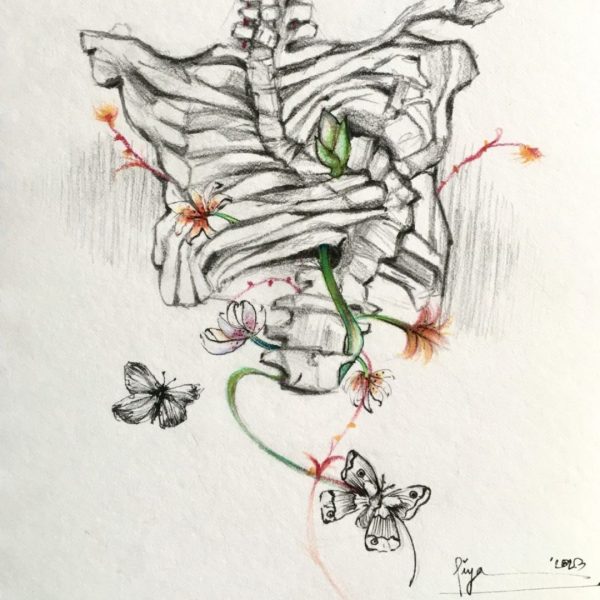 "Bent Not Broken" by Zaina Alam Piya, a pencil and watercolor illustration of a ribcage and spine with delicate flowering vines and butterflies emerging from the bones.