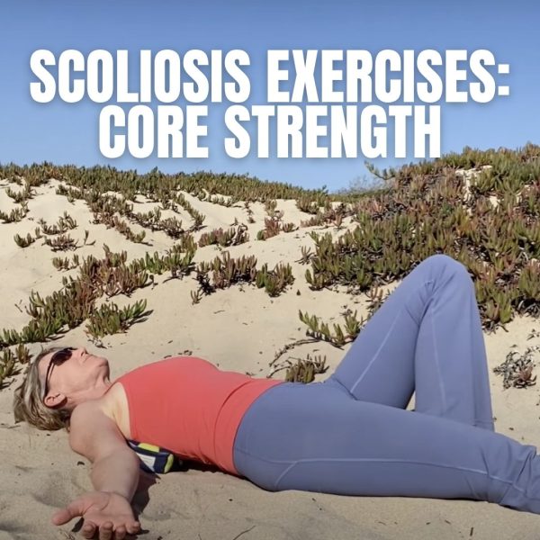 Karena Thek lying on her back on a beach with knees bent, arms extended, with "Scoliosis Exercises: Core Strength" text overlaid.