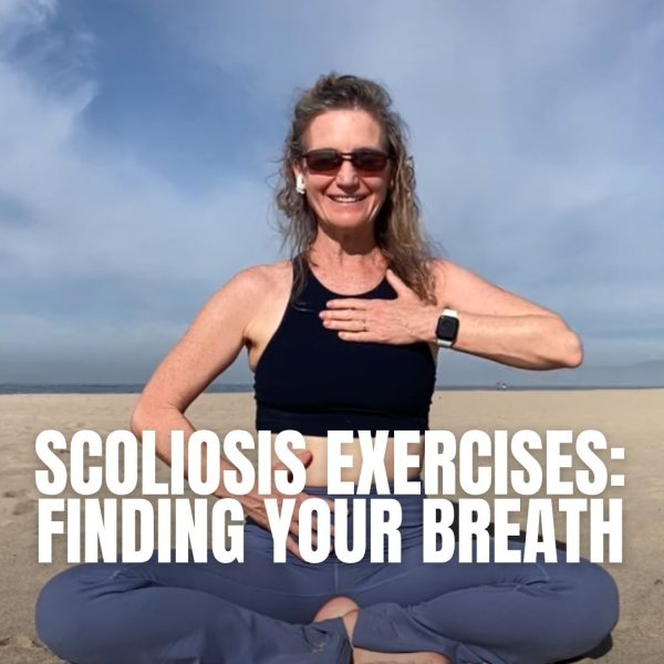 Karena Thek seated cross-legged on a beach with one hand on her chest and one on her belly, with "Scoliosis Exercises: Elongation & Breath" text overlaid.