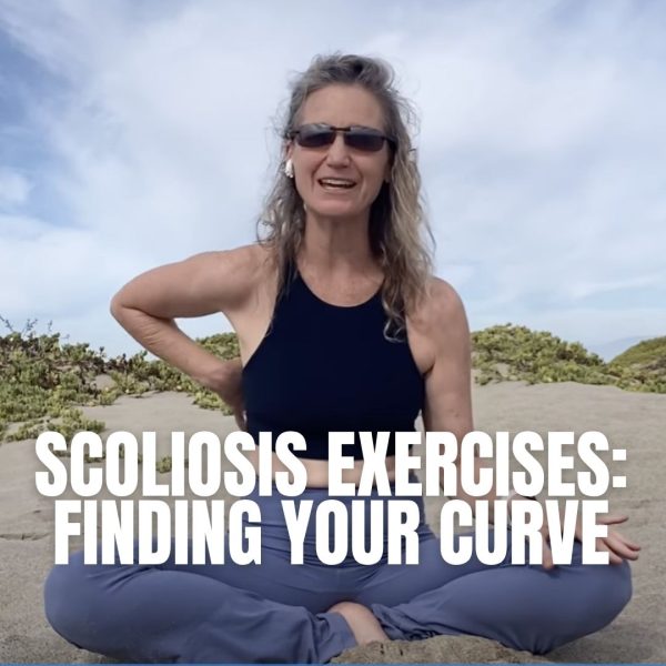 Karena Thek seated cross-legged on a beach with hand on hip, smiling, with "Scoliosis Exercises: Finding Your Curve" text overlaid.