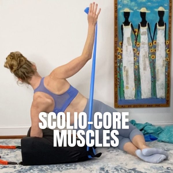 Woman using a resistance band while kneeling over a bolster, demonstrating a scolio-core exercise video for scoliosis-safe core training