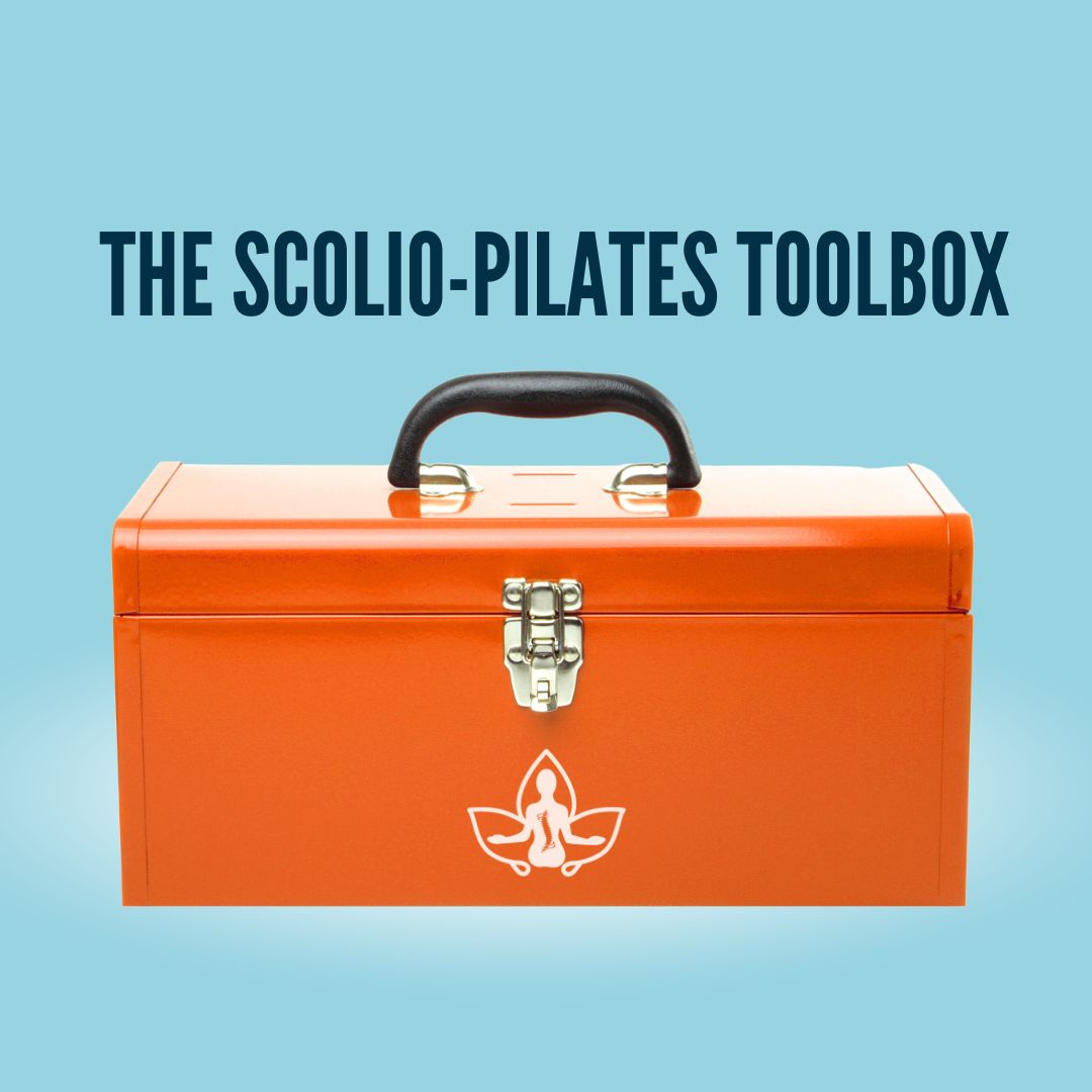 Orange metal toolbox with the Scolio-Pilates® logo on a light blue background, with "The Scolio-Pilates Toolbox" text above.