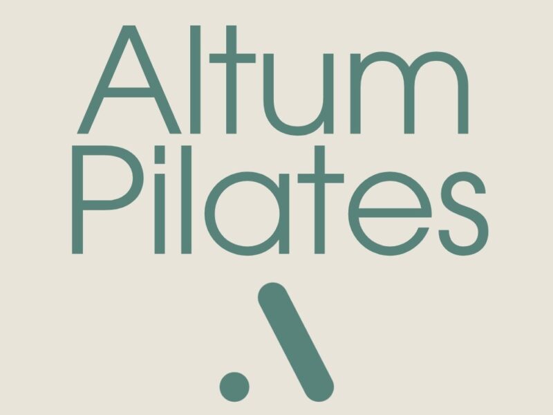 Altum Pilates logo, green text on a cream background with a small decorative mark below.