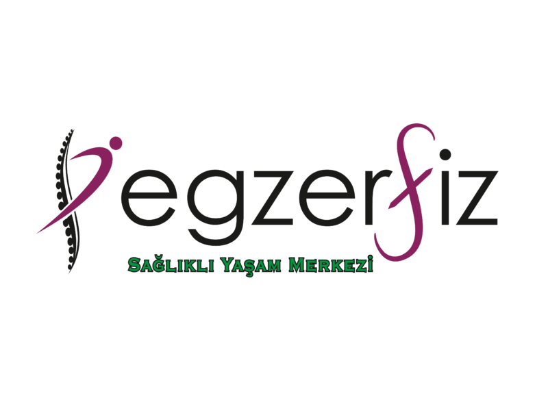 Egzerfiz logo, pink and dark blue text with a small floral icon, Turkish subtitle reading "Sağlıklı Yaşam Merkezi."