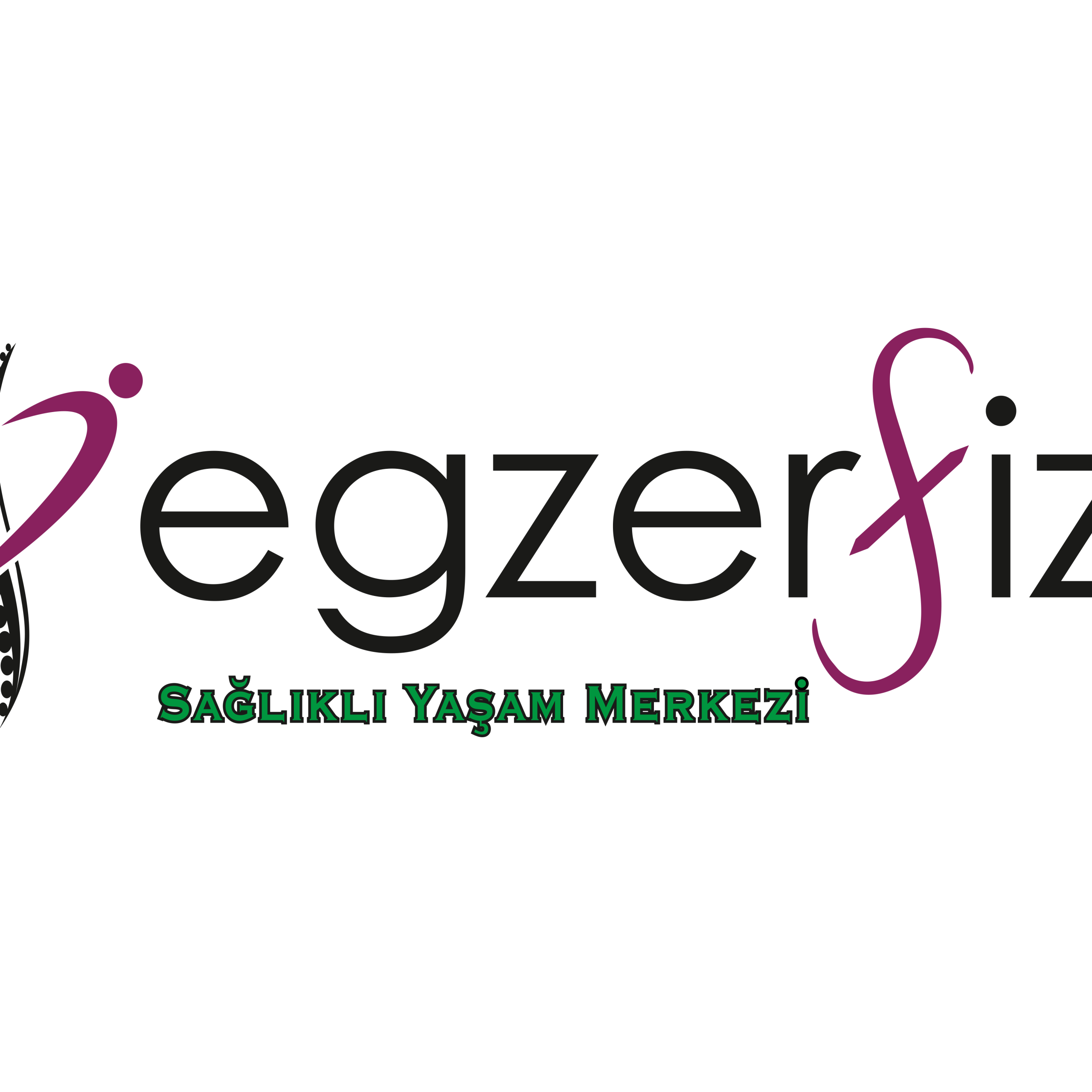 Egzerfiz logo, pink and dark blue text with a small floral icon, Turkish subtitle reading "Sağlıklı Yaşam Merkezi."