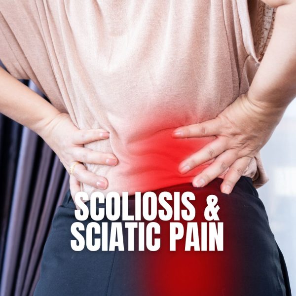 Person holding lower back and hip with a red highlight showing pain radiating down toward the sciatic area, illustrating scoliosis-related sciatic pain