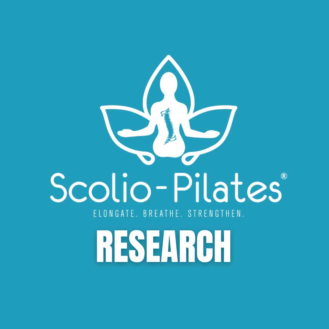 Scolio-Pilates® logo with a lotus and seated figure icon on a teal background, with "Research" in bold white text below the tagline "Elongate. Breathe. Strengthen."