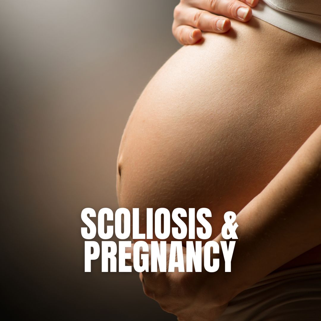 Close-up of a pregnant belly with hands resting on top, text overlay reading "Scoliosis & Pregnancy" on a soft neutral background.