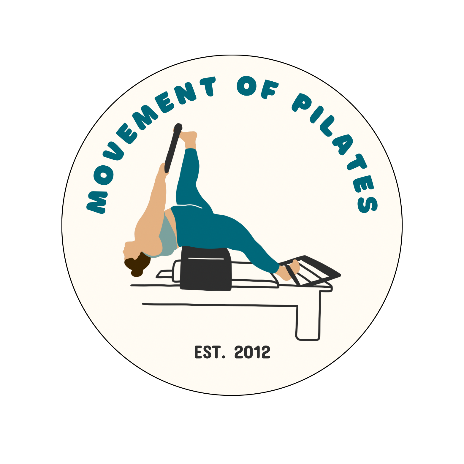 Movement of Pilates logo, a circular badge with an illustrated figure performing a reformer exercise, "Movement of Pilates" text arched above and "Est. 2012" below.