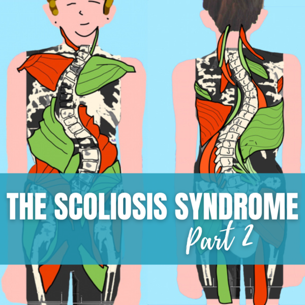 Illustrated front and back view of a figure showing muscle groups in orange and green with a highlighted spine, "The Scoliosis Syndrome Part 2" overlaid in a banner